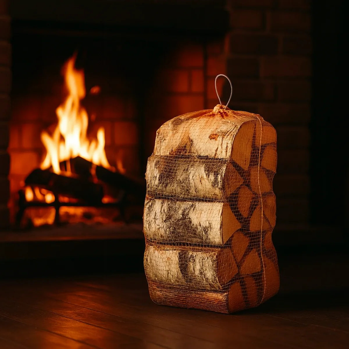 Björkved 40 L nätsäck framför öppen spis – ugnstorkad premiumved