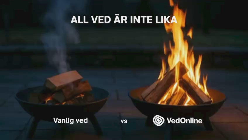 Video som jämför fuktig ved med ugnstorkad premiumved – renare förbränning, snabb upptändning och högre värmeeffekt